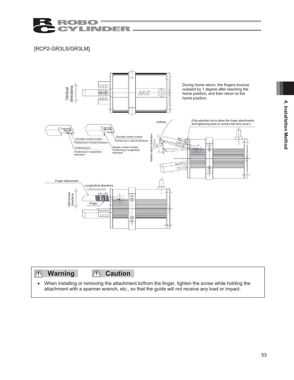 Warning caution, Rcp2-gr3ls/gr3lm, 53 4. installation method | IAI America RCP2W-GRLS User Manual | Page 63 / 130