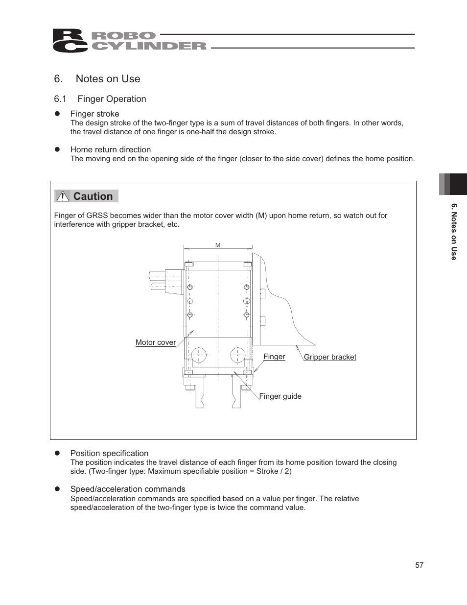 Notes on use, 1 finger operation, Caution | IAI America RCP2W-GRLS User Manual | Page 67 / 130