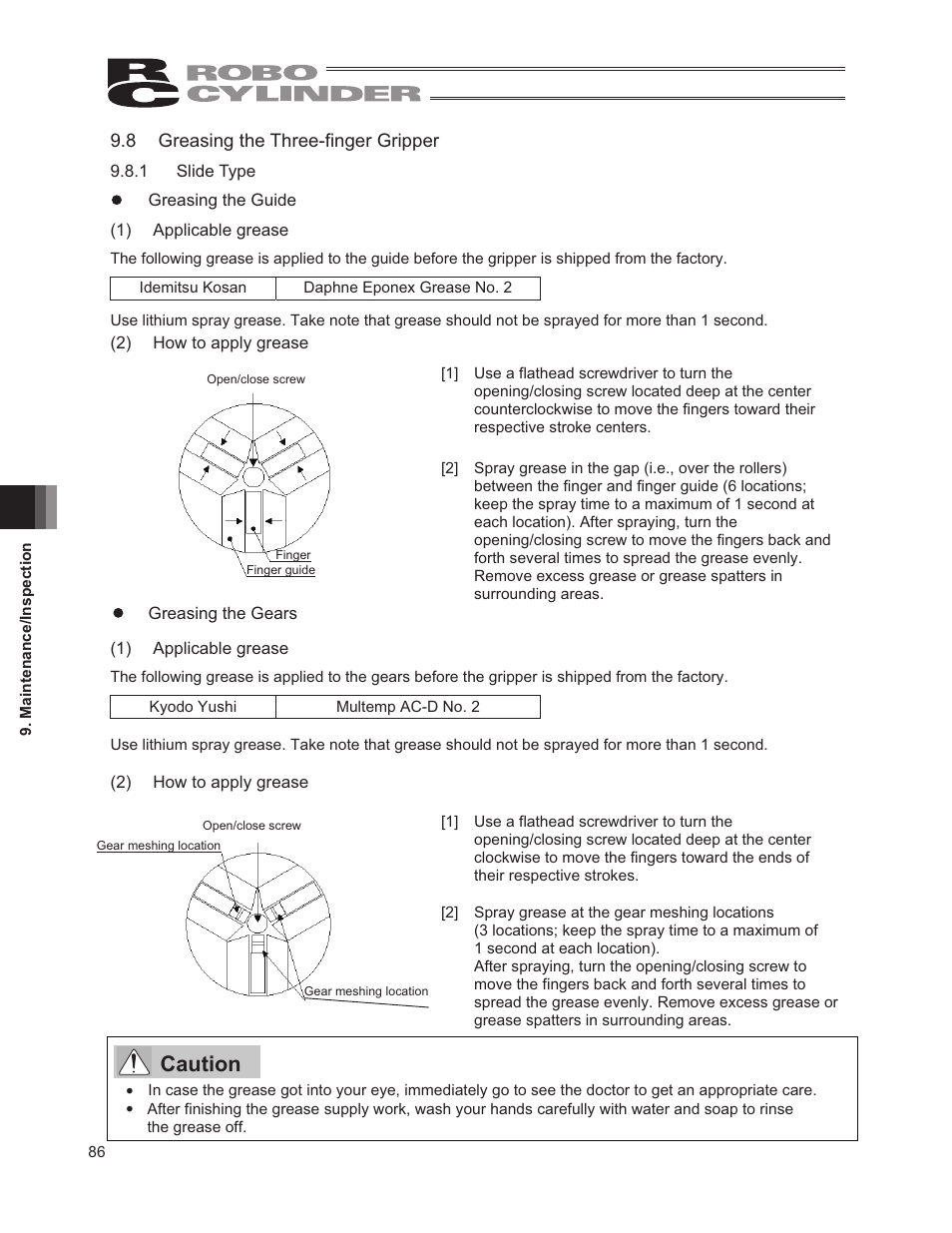 8 greasing the three-finger gripper, Caution | IAI America RCP2W-GRLS User Manual | Page 96 / 130