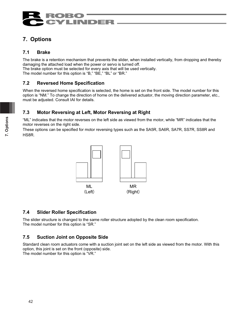 Options, 1 brake, 2 reversed home specification | 4 slider roller specification, 5 suction joint on opposite side | IAI America RCP2CR-SS8C User Manual | Page 50 / 126