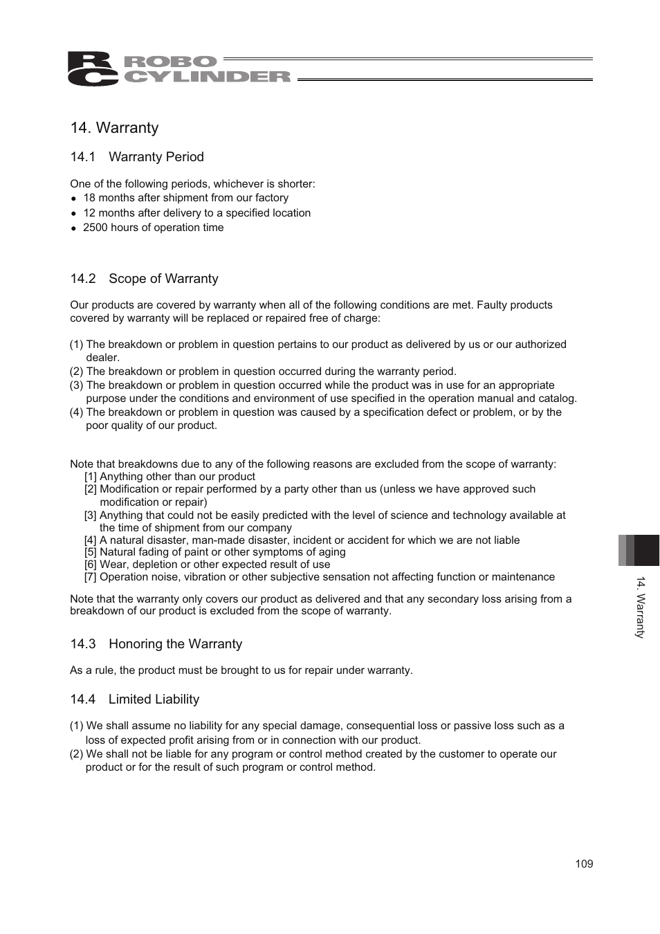 Warranty, 1 warranty period, 2 scope of warranty | 3 honoring the warranty, 4 limited liability | IAI America RCP2W-RA10C User Manual | Page 115 / 120