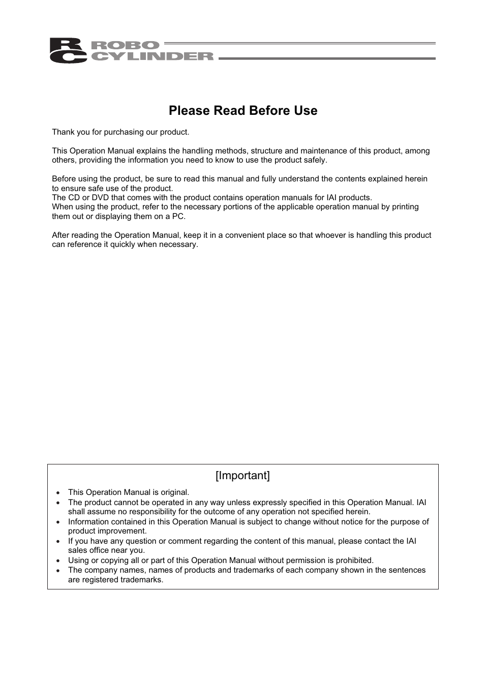 Please read before use, Important | IAI America RCP2W-RA10C User Manual | Page 3 / 120
