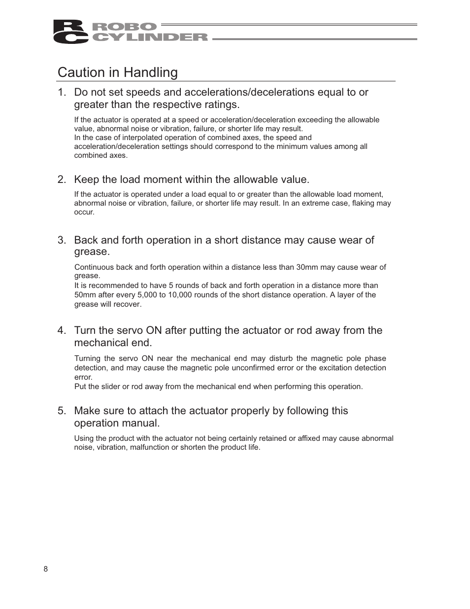 Caution in handling | IAI America RCP2-RTCBL User Manual | Page 16 / 80