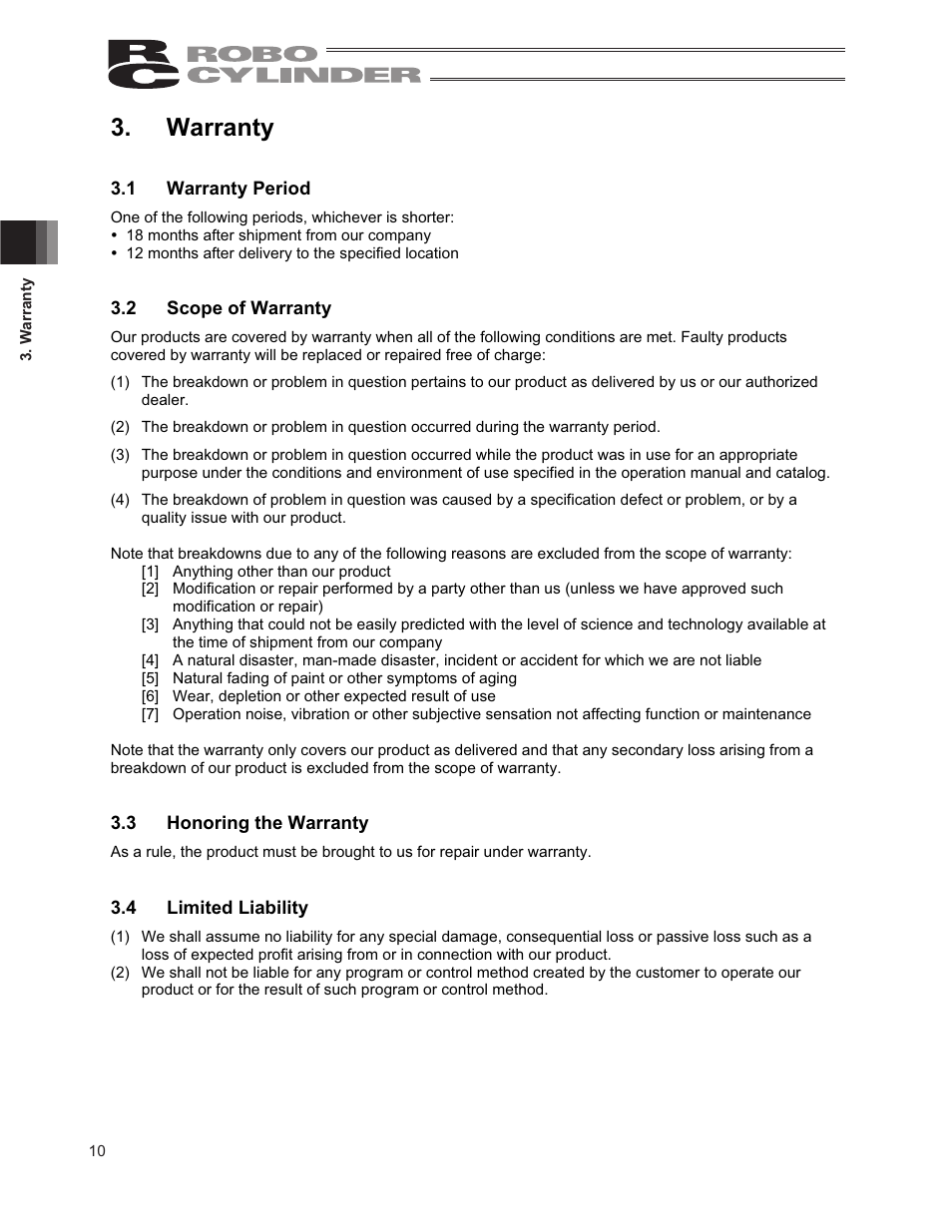 Warranty, 1 warranty period, 2 scope of warranty | 3 honoring the warranty, 4 limited liability | IAI America RCP2-RTCBL User Manual | Page 18 / 80