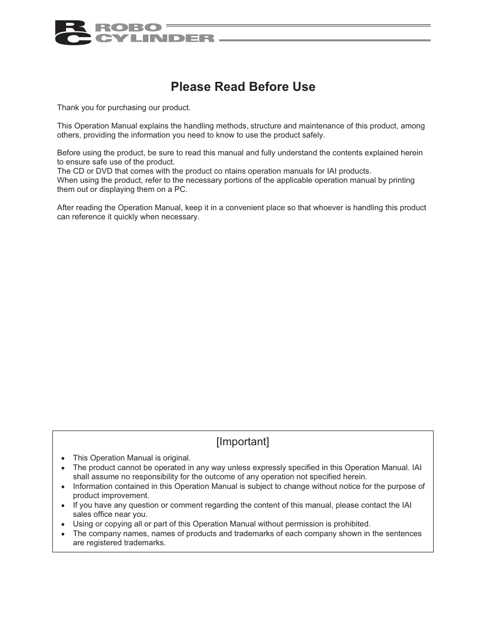 Please read before use, Important | IAI America RCP2-RTCBL User Manual | Page 3 / 80