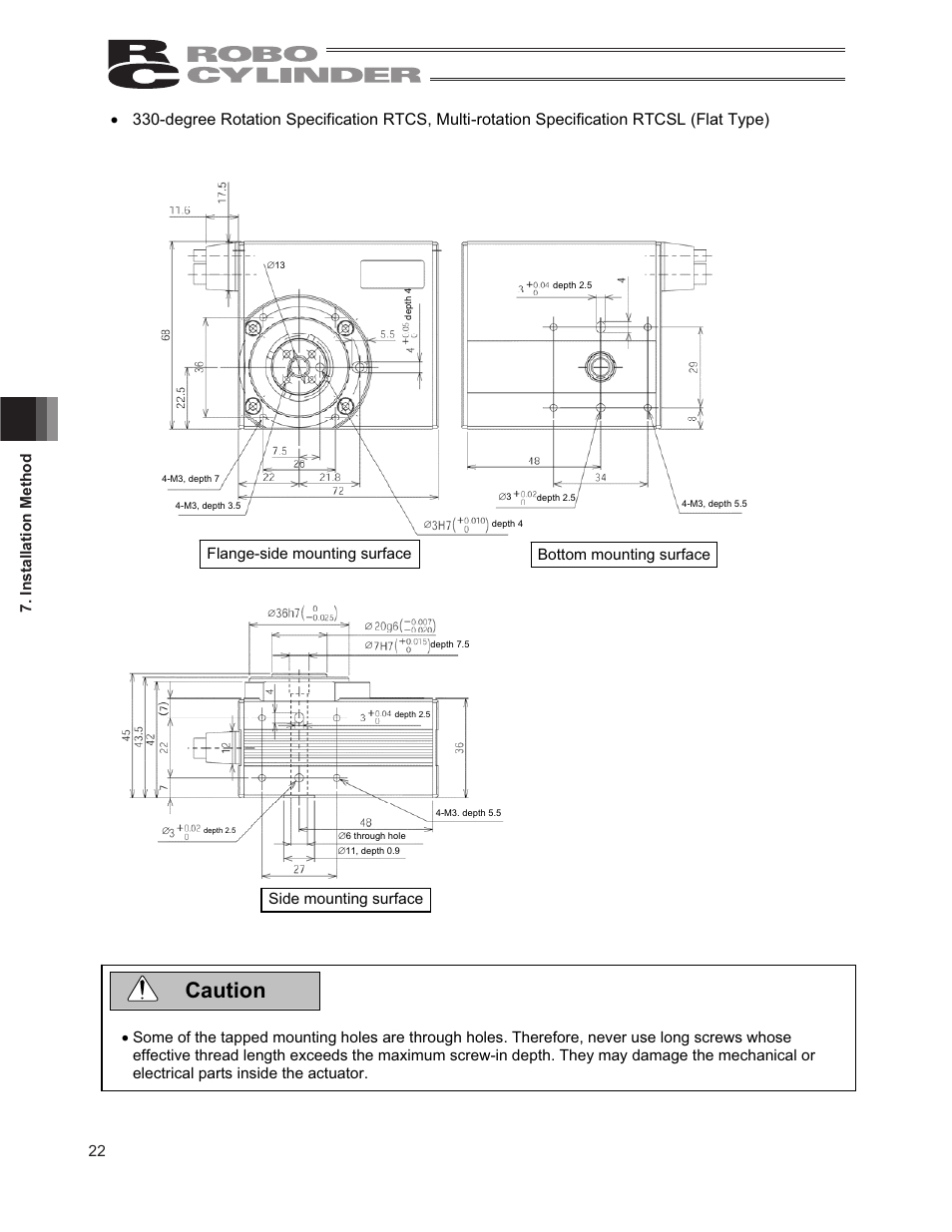 Caution, 22 7. installation method, Bottom mounting surface | Flange-side mounting surface | IAI America RCP2-RTCBL User Manual | Page 30 / 80