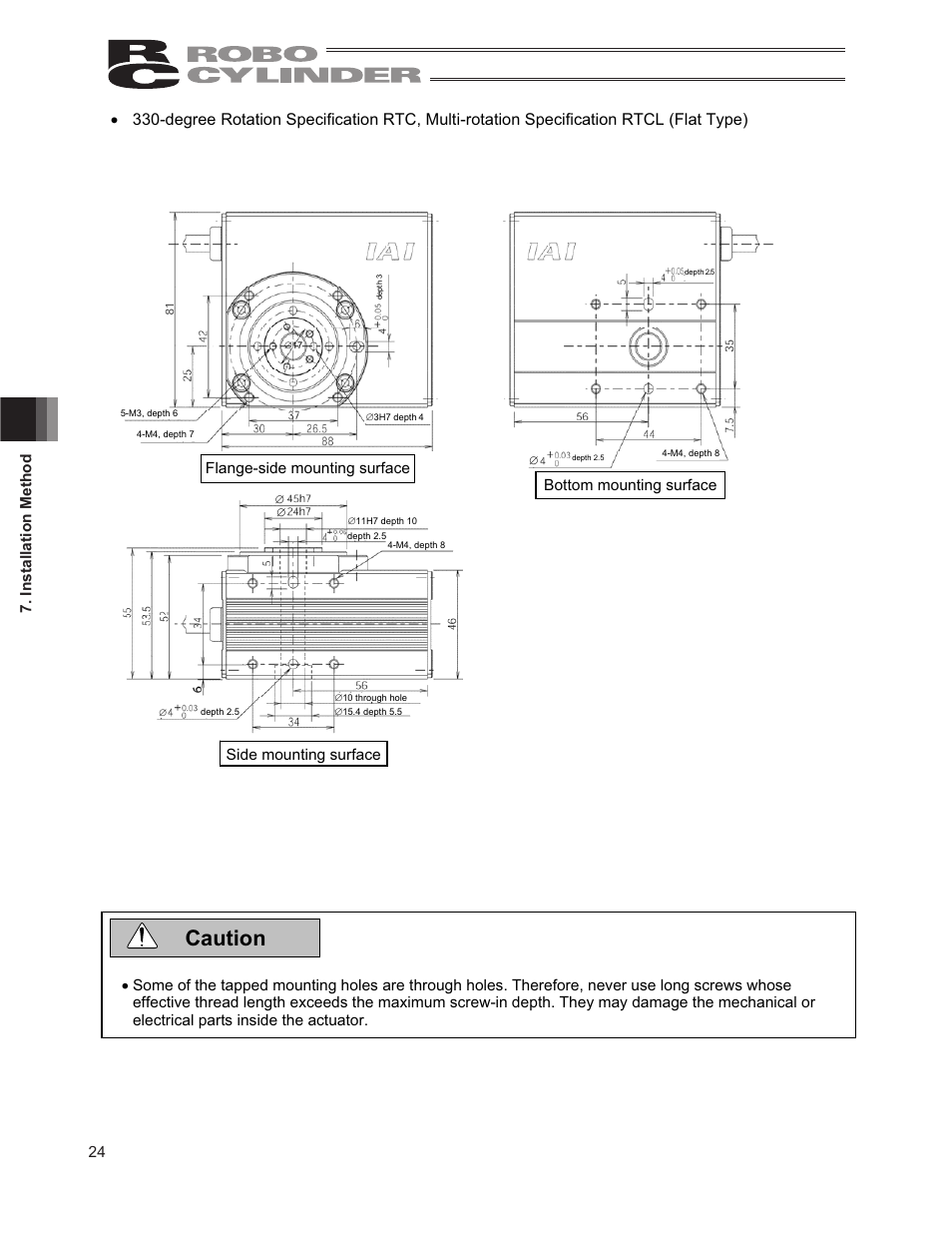 Caution, 24 7. installation method, Flange-side mounting surface side mounting surface | Bottom mounting surface | IAI America RCP2-RTCBL User Manual | Page 32 / 80