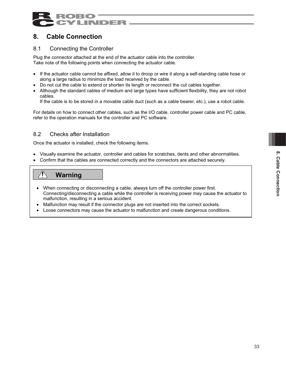 Cable connection, 1 connecting the controller, 2 checks after installation | Warning | IAI America RCP2-RTCBL User Manual | Page 41 / 80