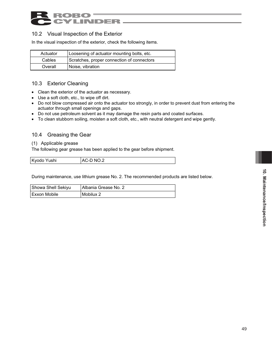 2 visual inspection of the exterior, 3 exterior cleaning, 4 greasing the gear | IAI America RCP2-RTCBL User Manual | Page 57 / 80