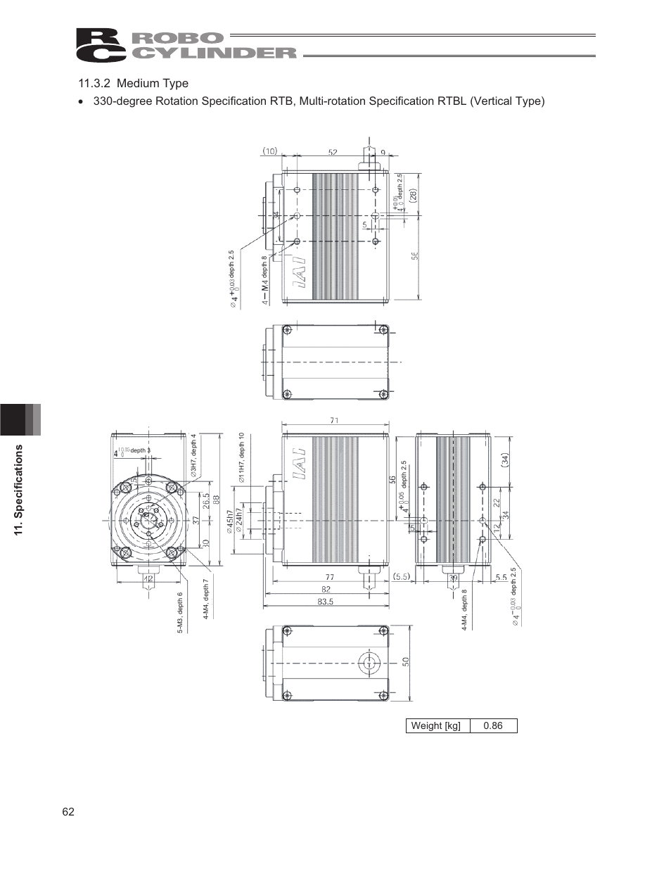 2 medium type, 62 6shfl¿fdwlrqv, Weight [kg] 0.86 | IAI America RCP2-RTCBL User Manual | Page 70 / 80