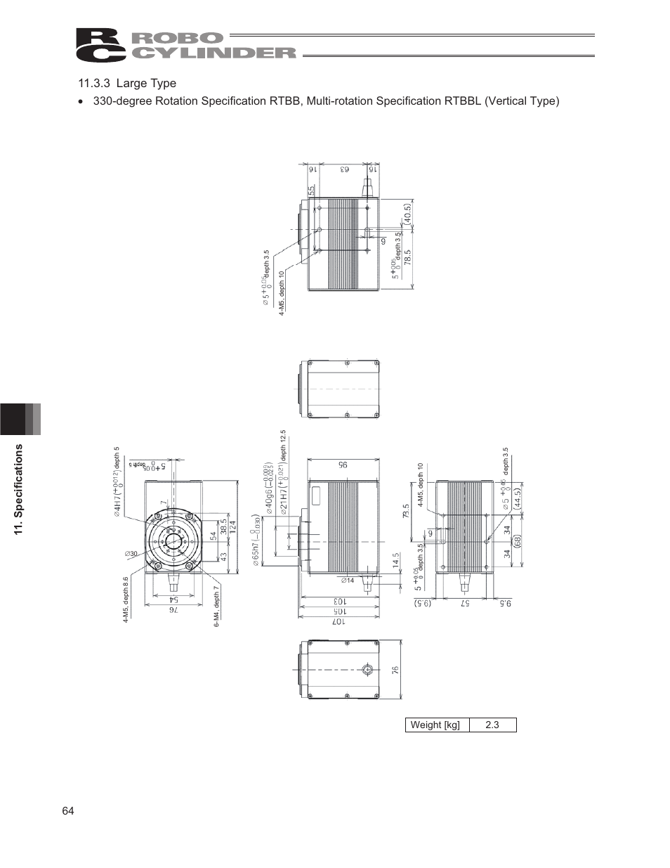 3 large type, 64 6shfl¿fdwlrqv, Weight [kg] 2.3 | IAI America RCP2-RTCBL User Manual | Page 72 / 80