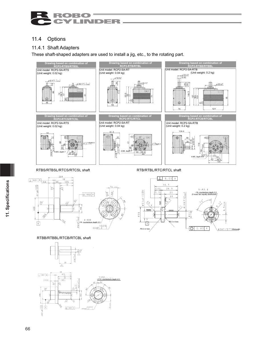 4 options, 1 shaft adapters, 66 6shfl¿fdwlrqv | IAI America RCP2-RTCBL User Manual | Page 74 / 80