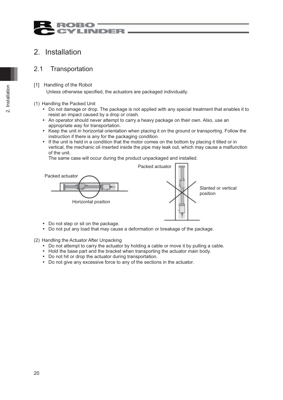 Installation, 1 transportation | IAI America RCP2W-SA16C User Manual | Page 26 / 46
