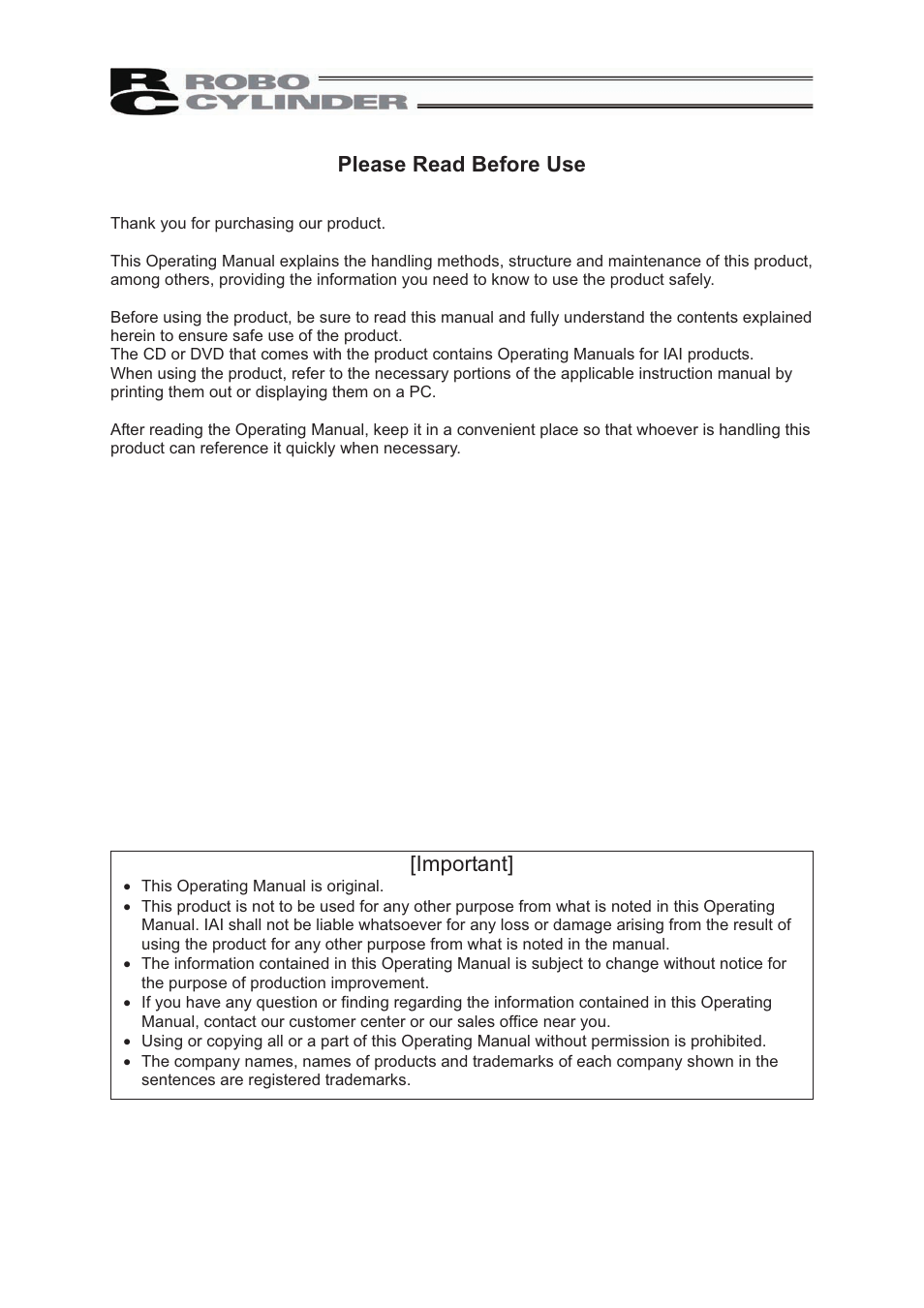 Please read before use, Important | IAI America RCP2W-SA16C User Manual | Page 3 / 46