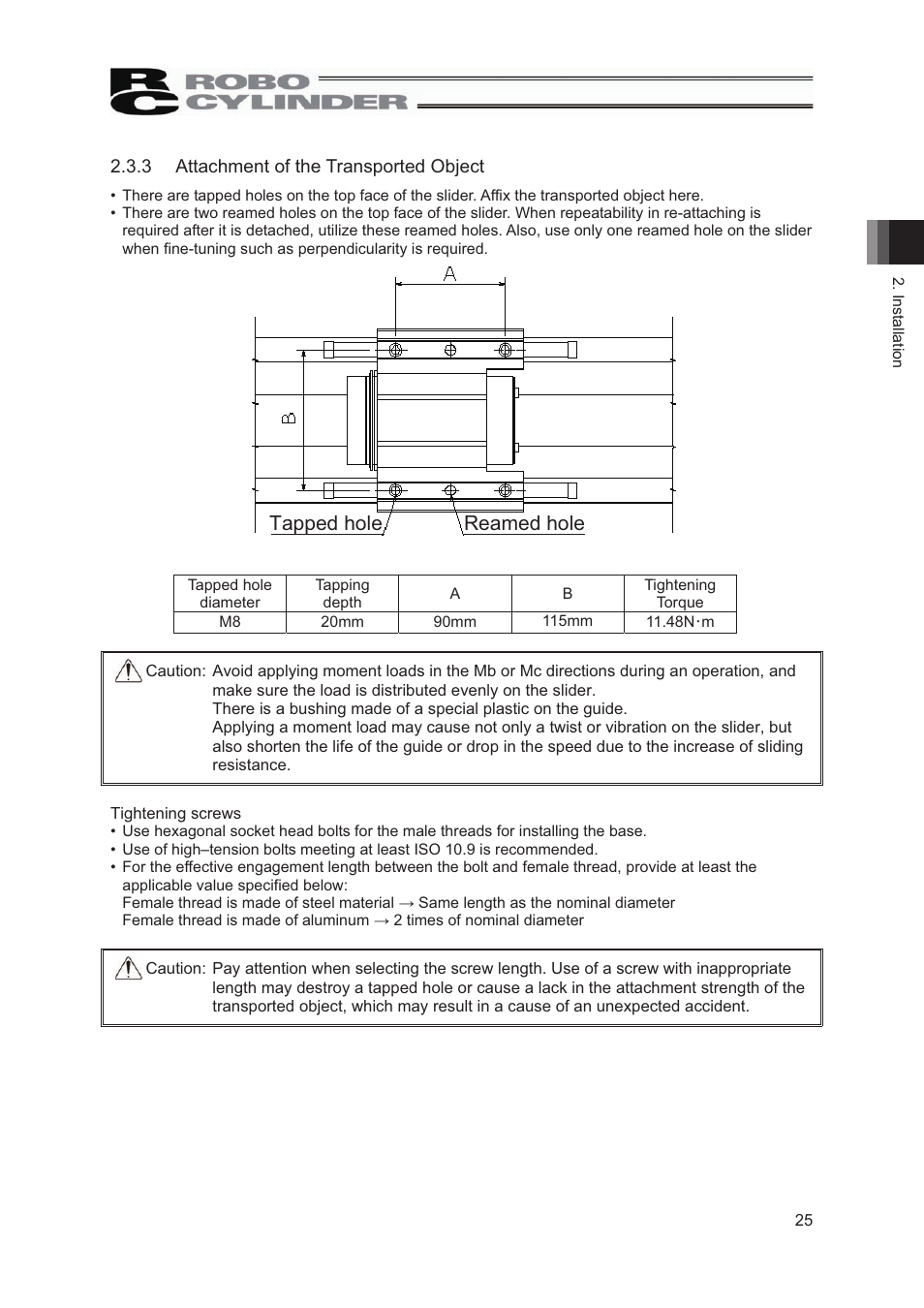 3 attachment of the transported object, Tapped hole reamed hole | IAI America RCP2W-SA16C User Manual | Page 31 / 46