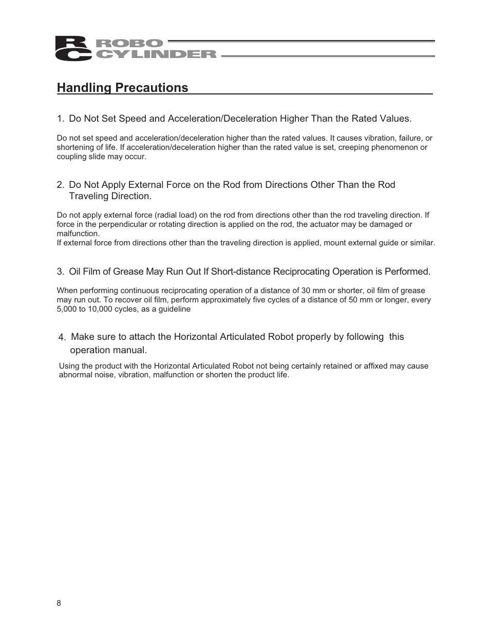 Handling precautions | IAI America RCP3-RA2BR User Manual | Page 14 / 60