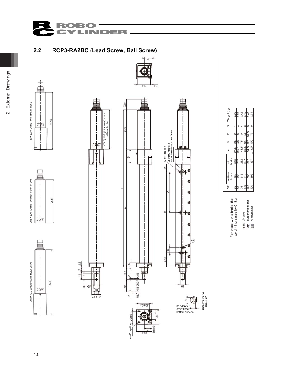 2 rcp3-ra2bc (lead screw, ball screw), 14 2. external drawings | IAI America RCP3-RA2BR User Manual | Page 20 / 60