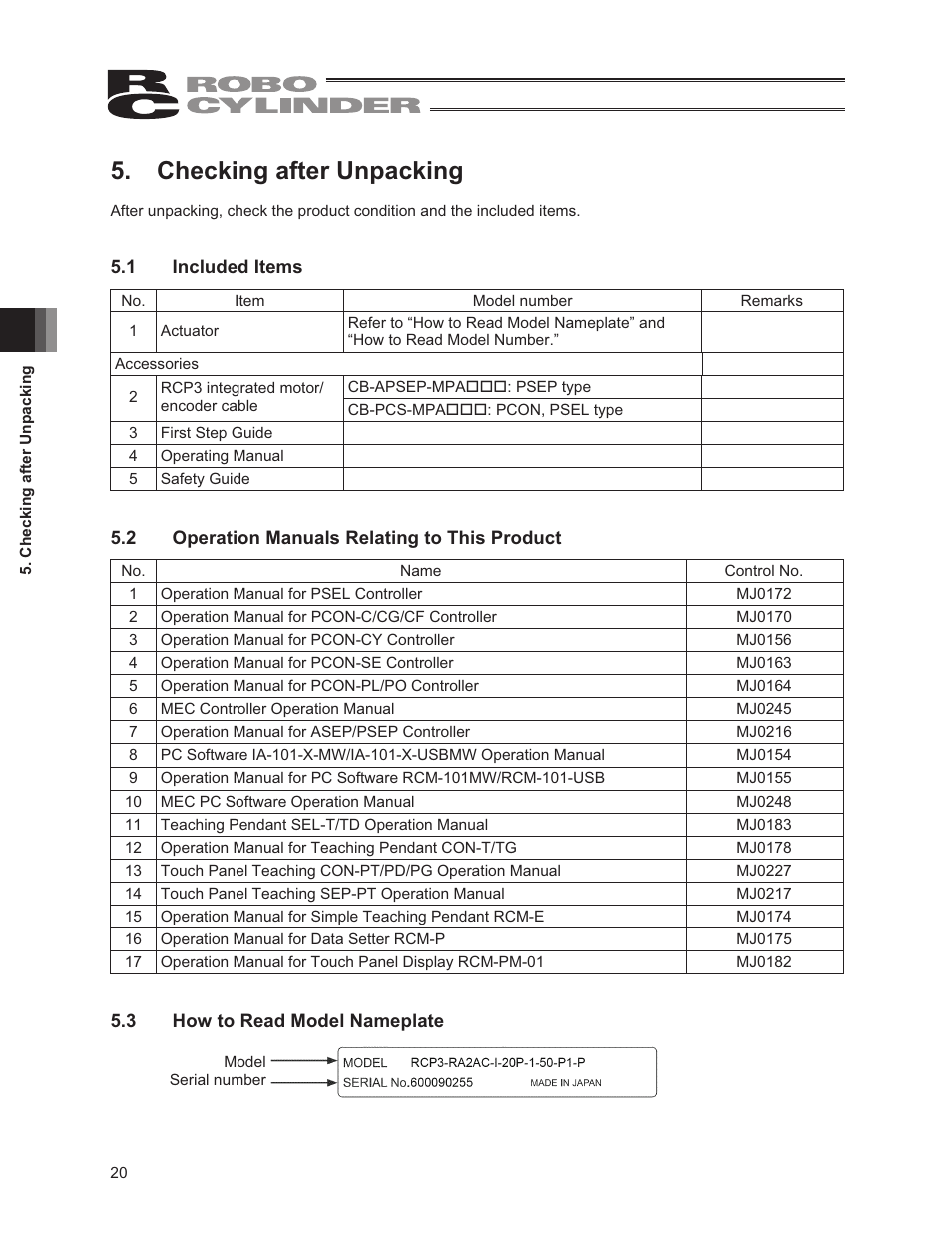 Checking after unpacking, 1 included items, 2 operation manuals relating to this product | 3 how to read model nameplate | IAI America RCP3-RA2BR User Manual | Page 26 / 60