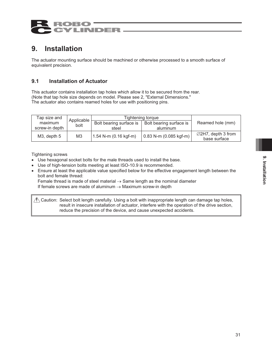 Installation, 1 installation of actuator | IAI America RCP3-RA2BR User Manual | Page 37 / 60