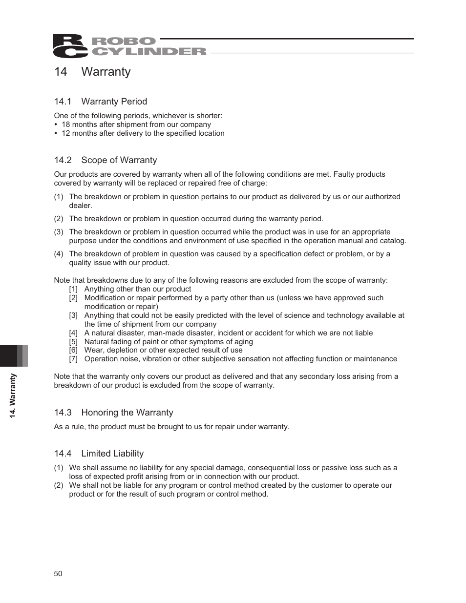 Warranty, 1 warranty period, 2 scope of warranty | 3 honoring the warranty, 4 limited liability, 14 warranty | IAI America RCP3-RA2BR User Manual | Page 56 / 60