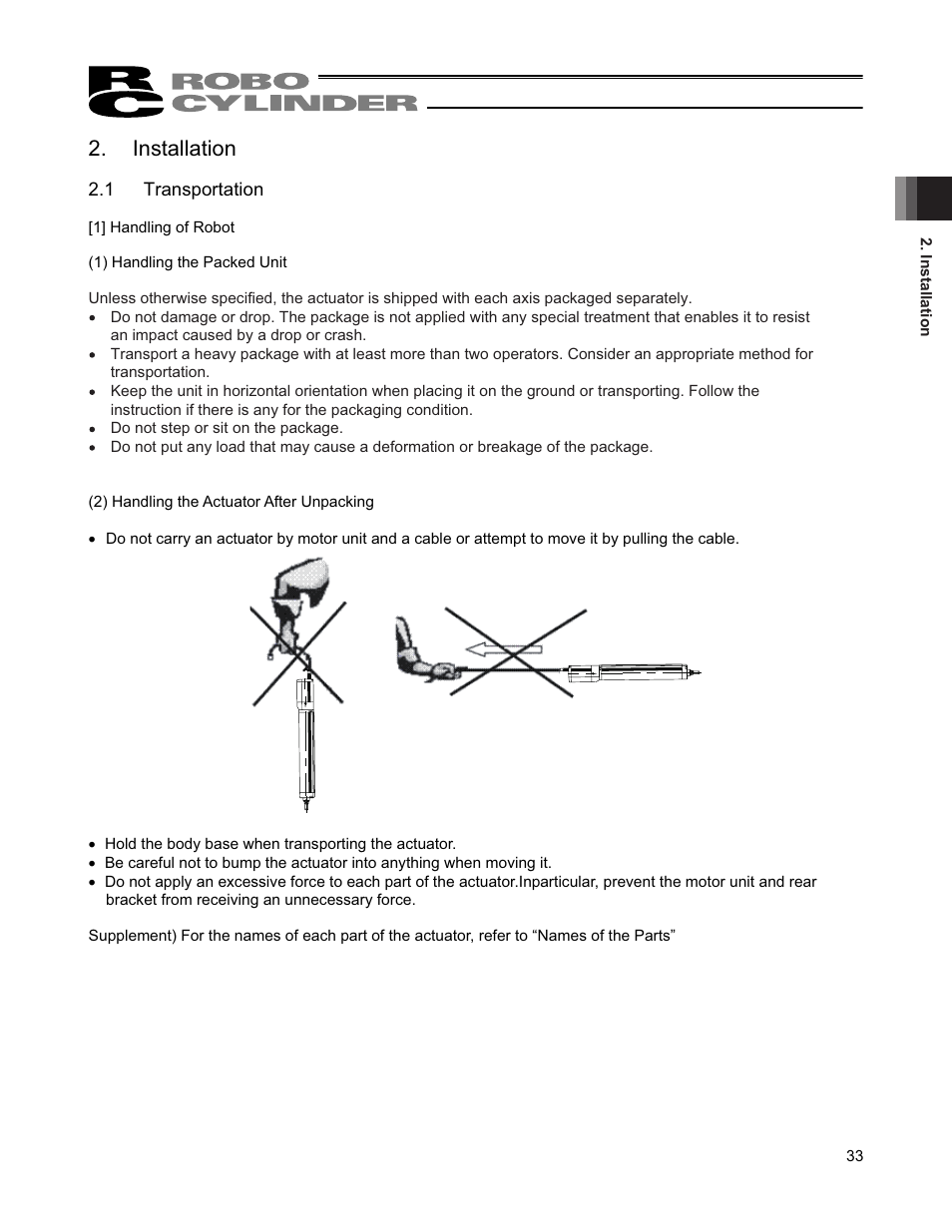 Installation, 1 transportation | IAI America RCP4-RA6R User Manual | Page 39 / 82