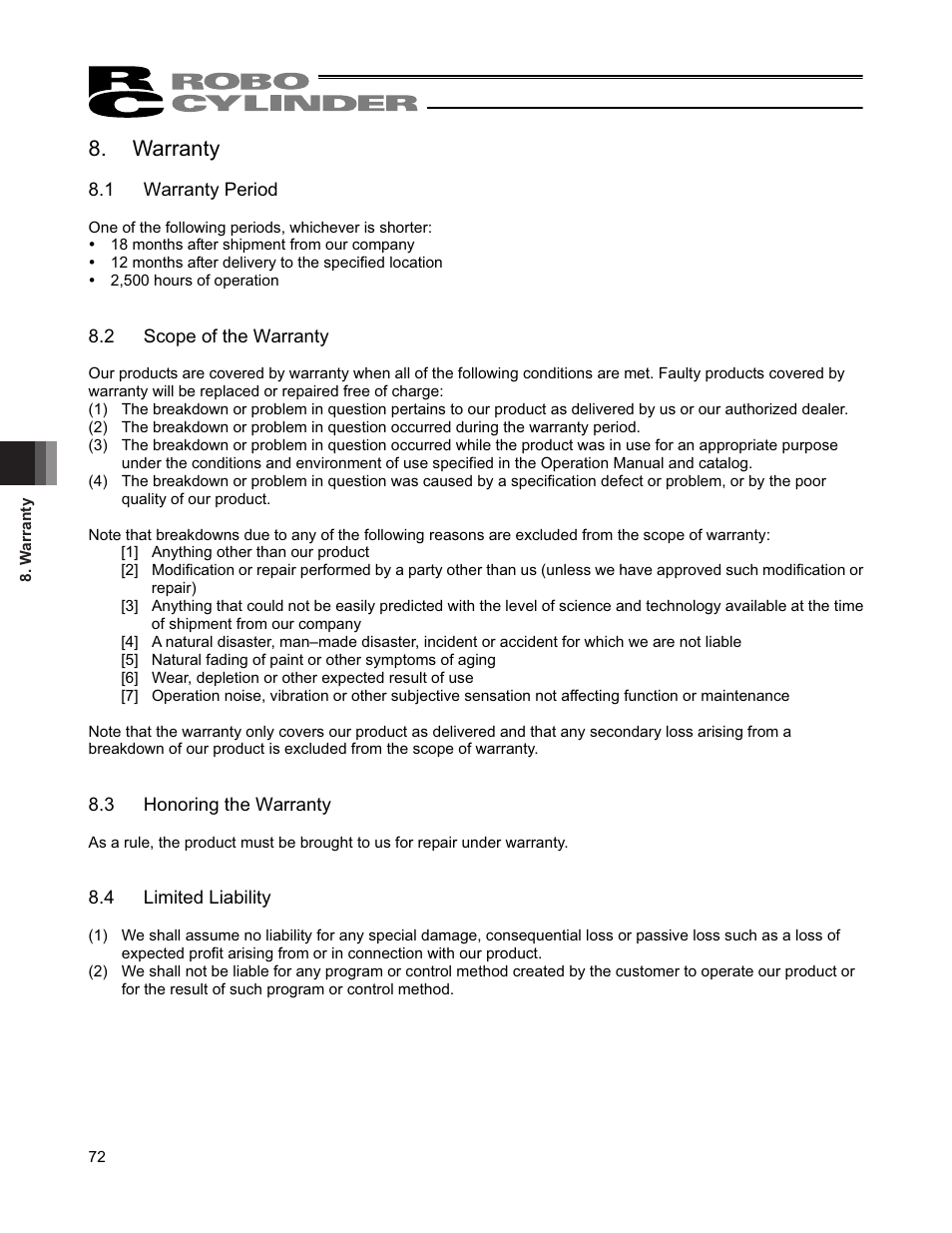 Warranty, 1 warranty period, 2 scope of the warranty | 3 honoring the warranty, 4 limited liability | IAI America RCP4-RA6R User Manual | Page 78 / 82
