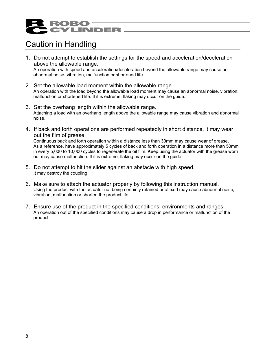 Caution in handling | IAI America RCP4CR-SA7C User Manual | Page 14 / 94