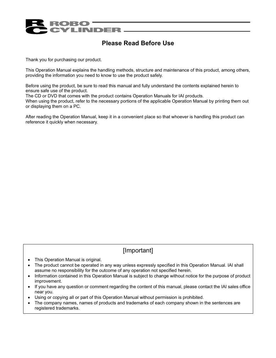 Please read before use, Important | IAI America RCP4CR-SA7C User Manual | Page 3 / 94
