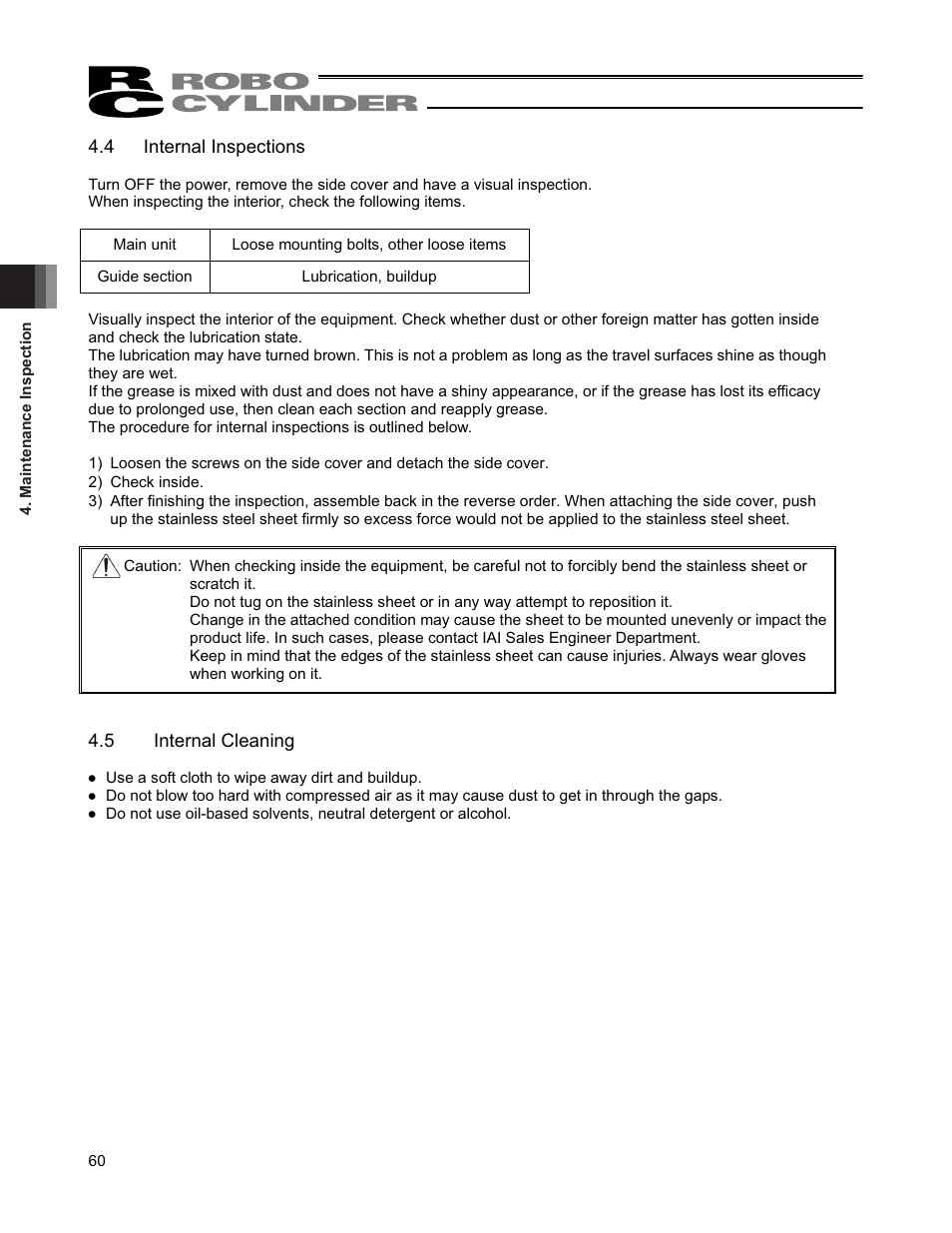 4 internal inspections, 5 internal cleaning | IAI America RCP4CR-SA7C User Manual | Page 66 / 94