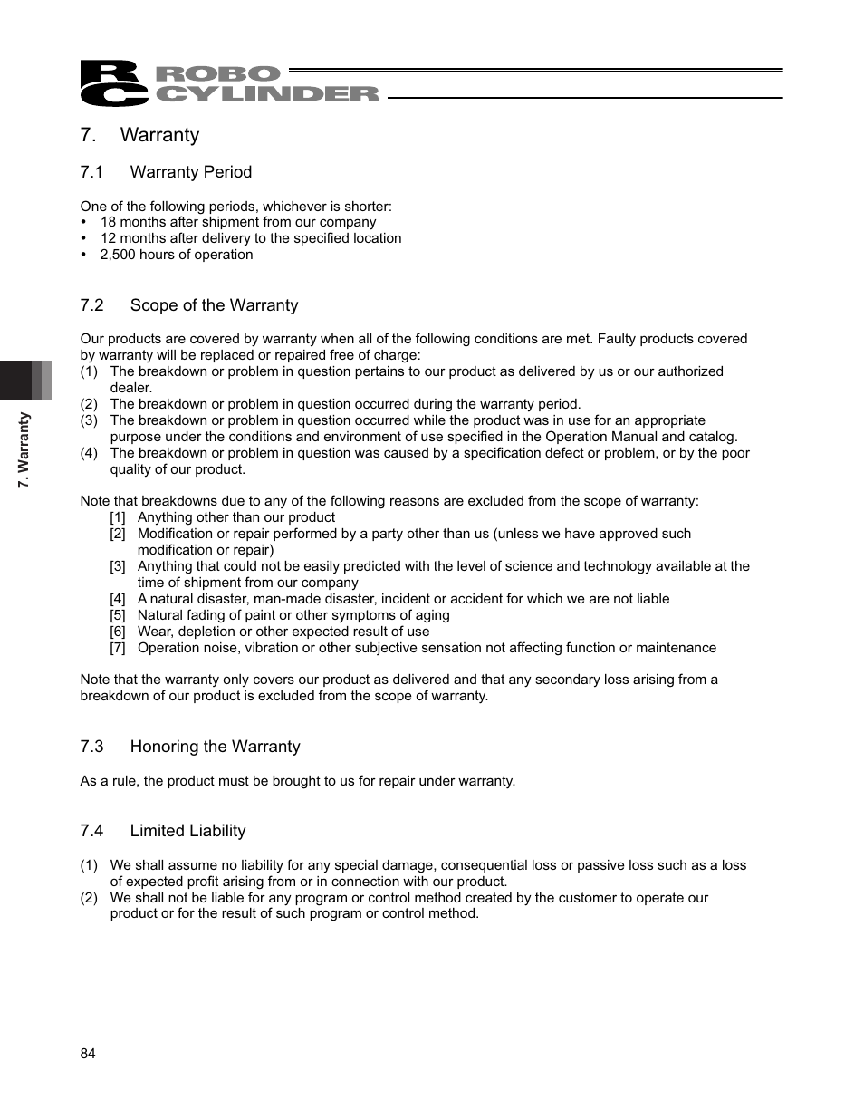 Warranty, 1 warranty period, 2 scope of the warranty | 3 honoring the warranty, 4 limited liability | IAI America RCP4CR-SA7C User Manual | Page 90 / 94