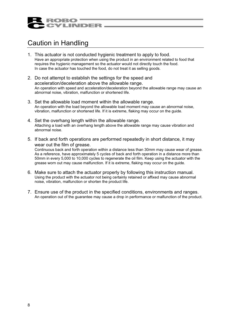 Caution in handling | IAI America RCP4W User Manual | Page 14 / 96