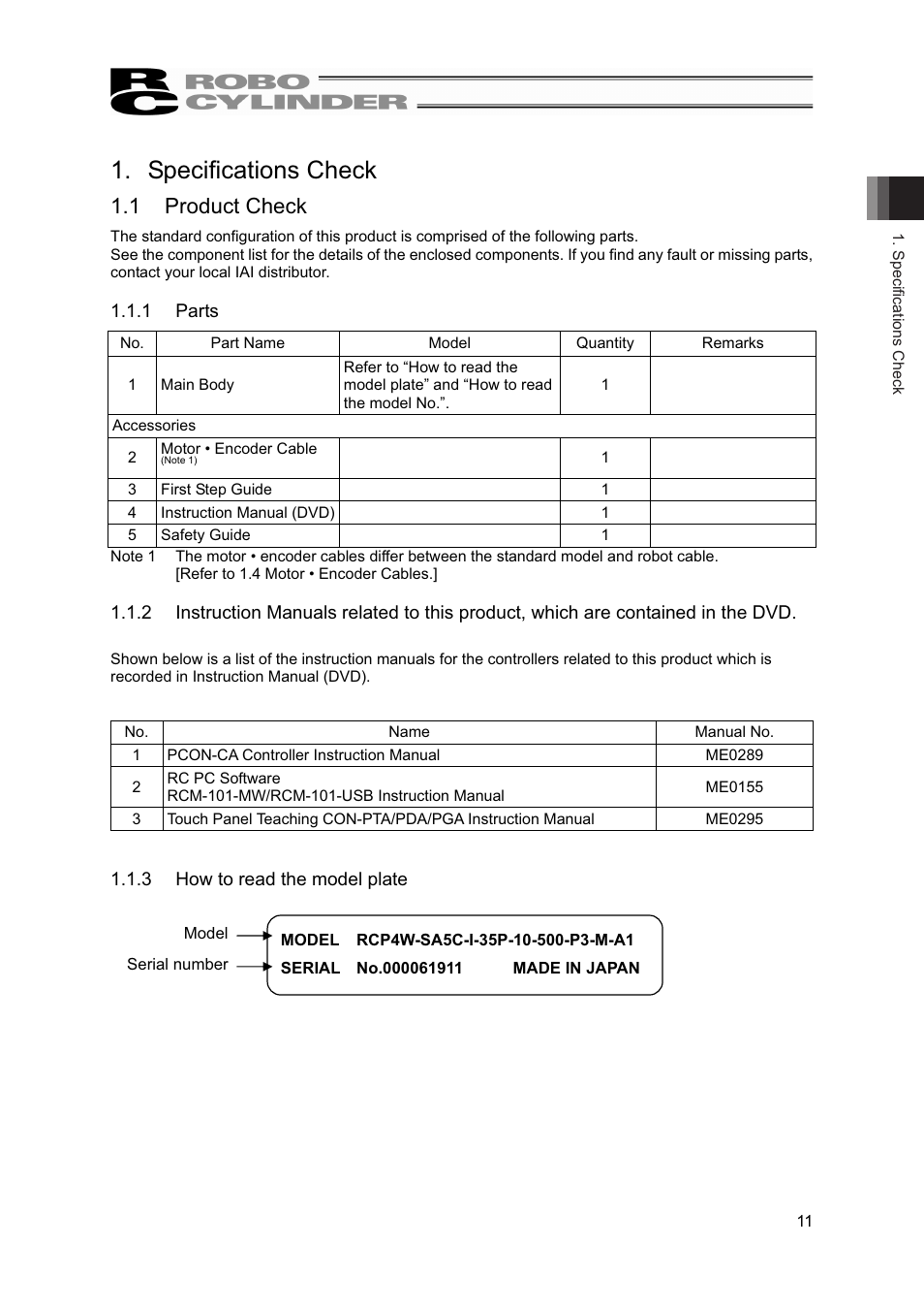 Specifications check, 1 product check | IAI America RCP4W User Manual | Page 17 / 96