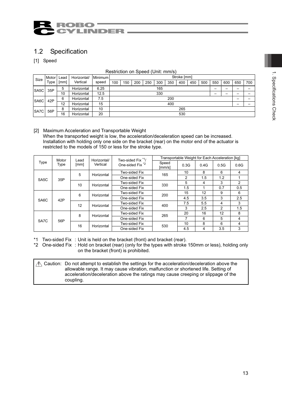 2 specification, Specifications check 13, 1] speed restriction on speed (unit: mm/s) | IAI America RCP4W User Manual | Page 19 / 96