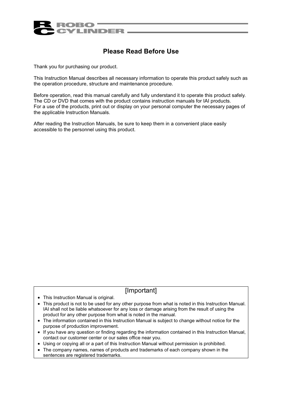 Please read before use, Important | IAI America RCP4W User Manual | Page 3 / 96