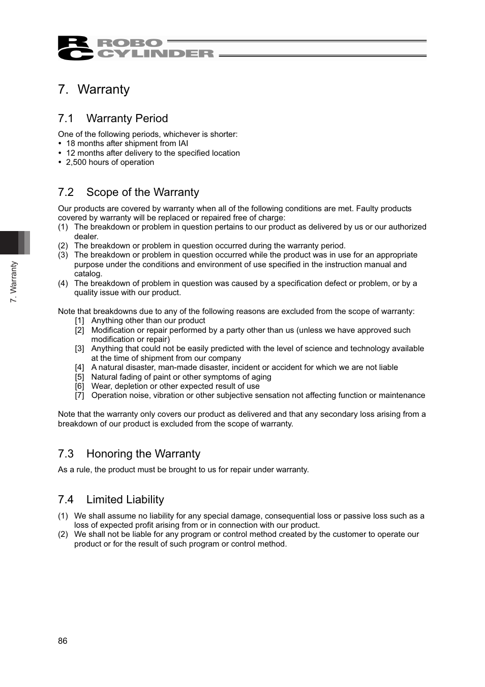 Warranty, 1 warranty period, 2 scope of the warranty | 3 honoring the warranty, 4 limited liability | IAI America RCP4W User Manual | Page 92 / 96