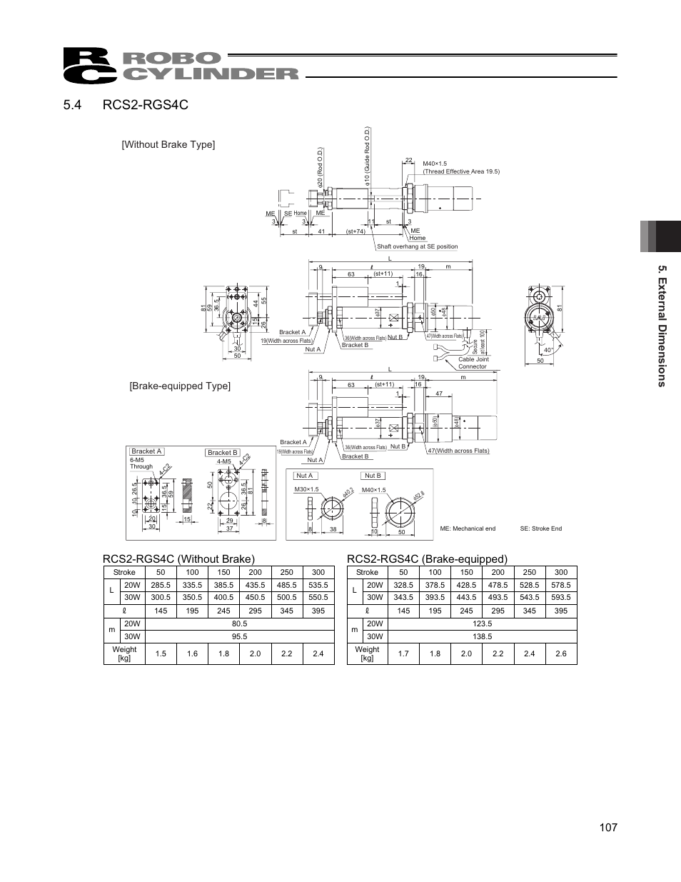 4 rcs2-rgs4c, External dimensions 107, Brake-equipped type | Without brake type | IAI America RCS2W User Manual | Page 115 / 142