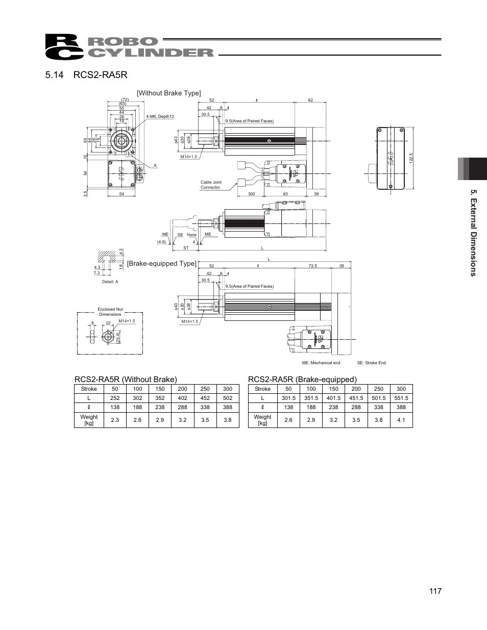 14 rcs2-ra5r, External dimensions 117, Brake-equipped type | Without brake type | IAI America RCS2W User Manual | Page 125 / 142