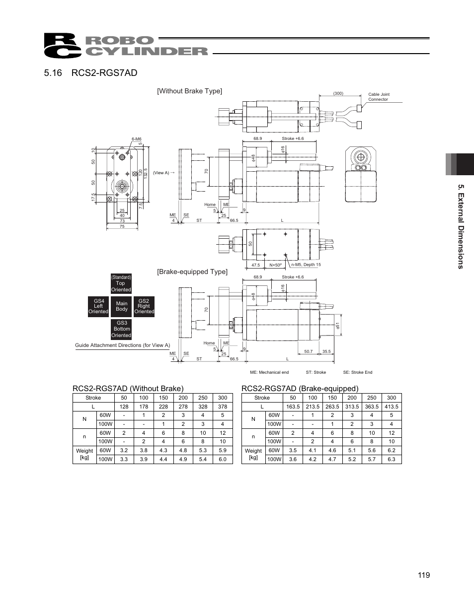 16 rcs2-rgs7ad, External dimensions 119, Brake-equipped type | Without brake type | IAI America RCS2W User Manual | Page 127 / 142
