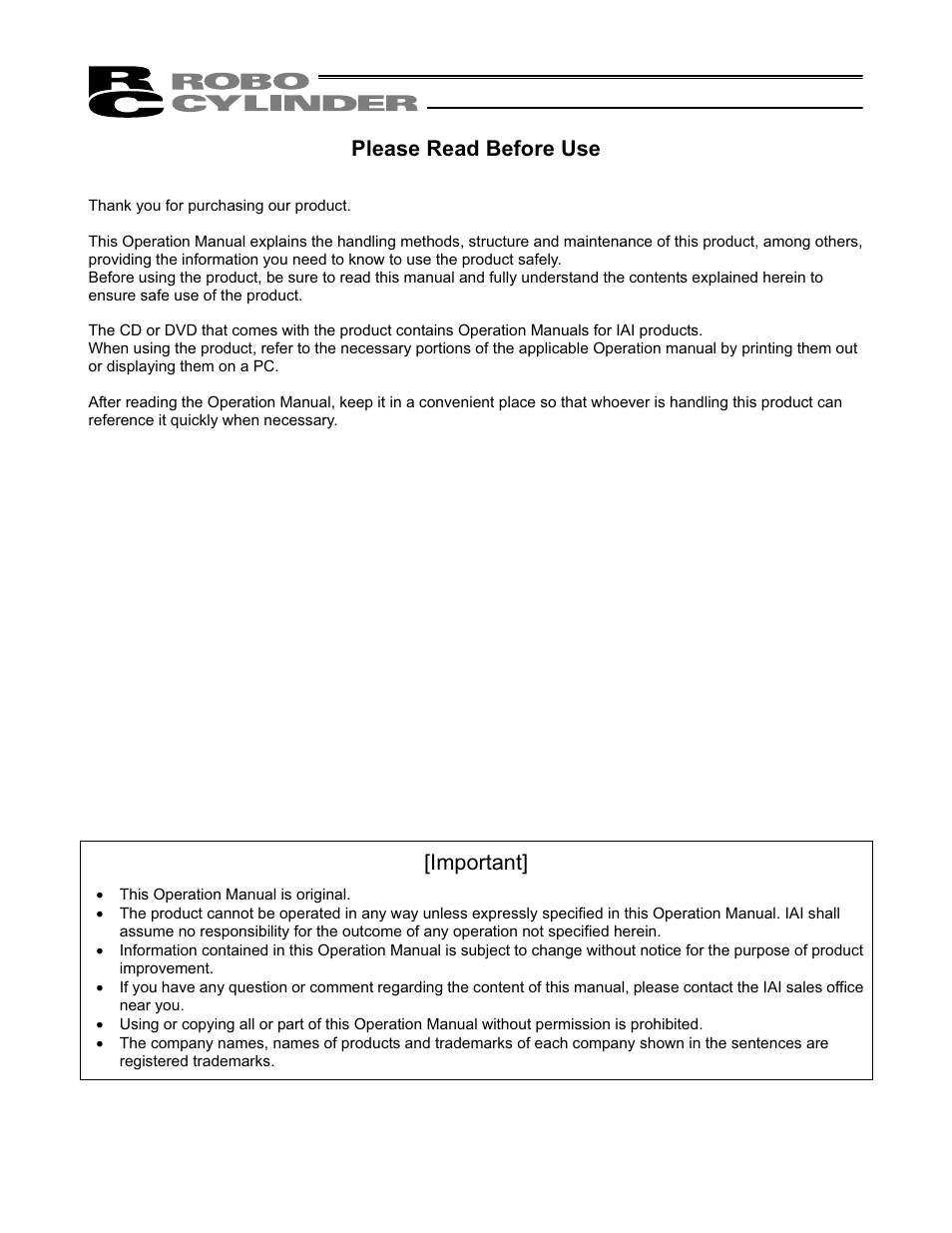 Please read before use, Important | IAI America RCS2W User Manual | Page 3 / 142