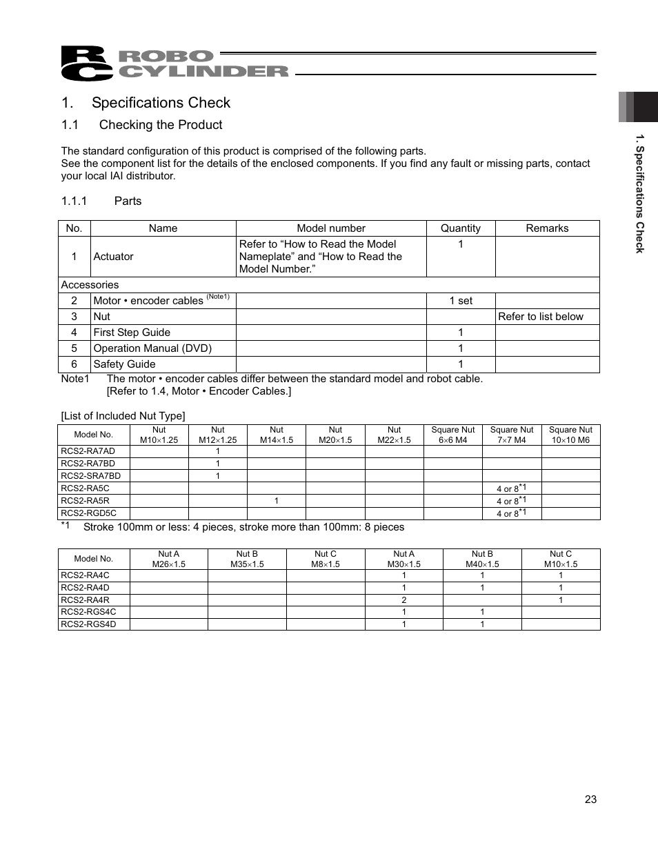 Specifications check, 1 checking the product, 1 parts | IAI America RCS2W User Manual | Page 31 / 142