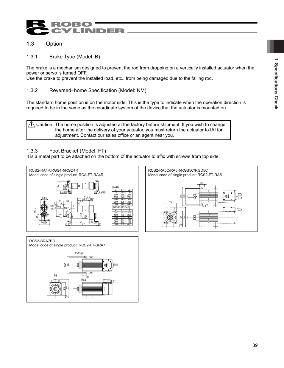 3 option, 1 brake type (model: b), 2 reversed–home specification (model: nm) | 3 foot bracket (model: ft), Specifications check 39 | IAI America RCS2W User Manual | Page 47 / 142