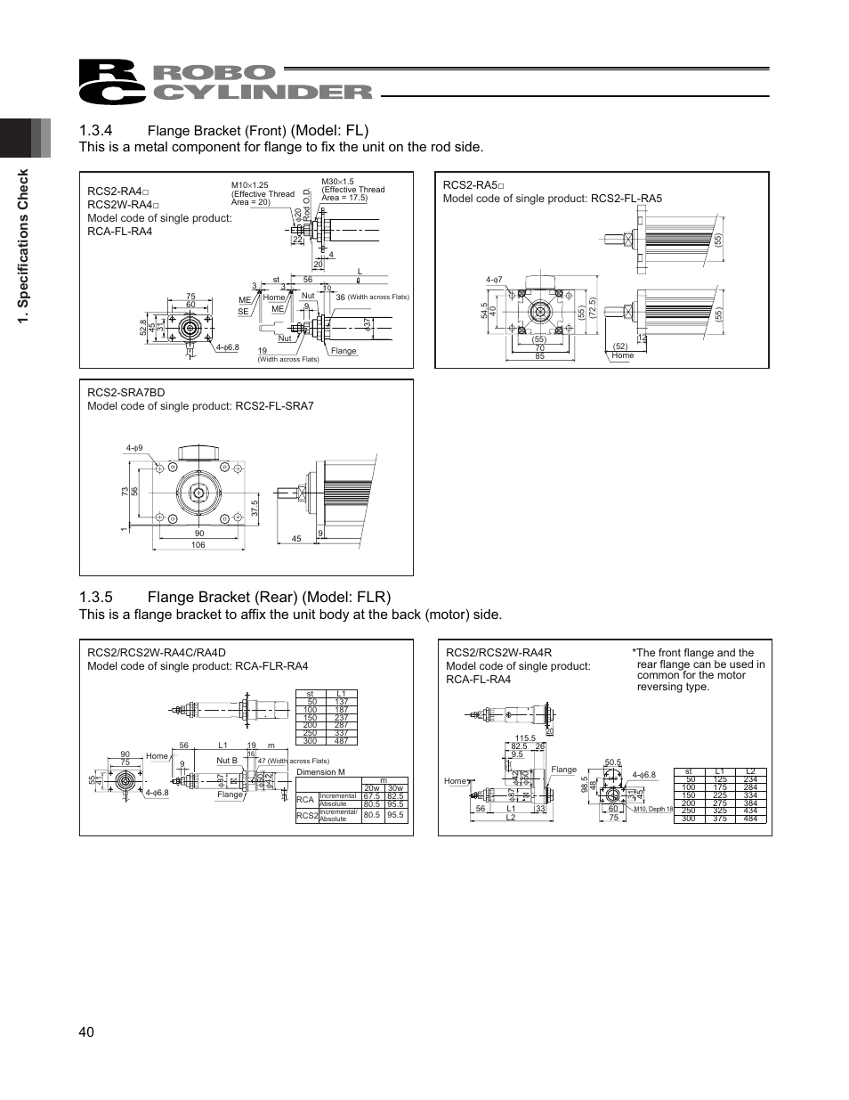Model: fl), 5 flange bracket (rear) (model: flr), Specifications check 40 | Flange bracket (front) | IAI America RCS2W User Manual | Page 48 / 142