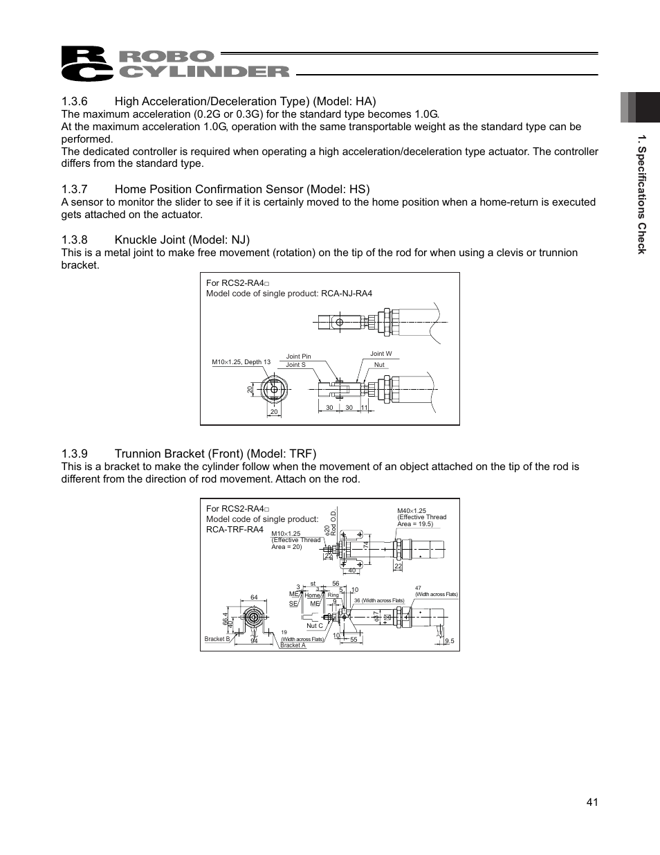6 high acceleration/deceleration type) (model: ha), 7 home position confirmation sensor (model: hs), 8 knuckle joint (model: nj) | 9 trunnion bracket (front) (model: trf), Specifications check 41 | IAI America RCS2W User Manual | Page 49 / 142