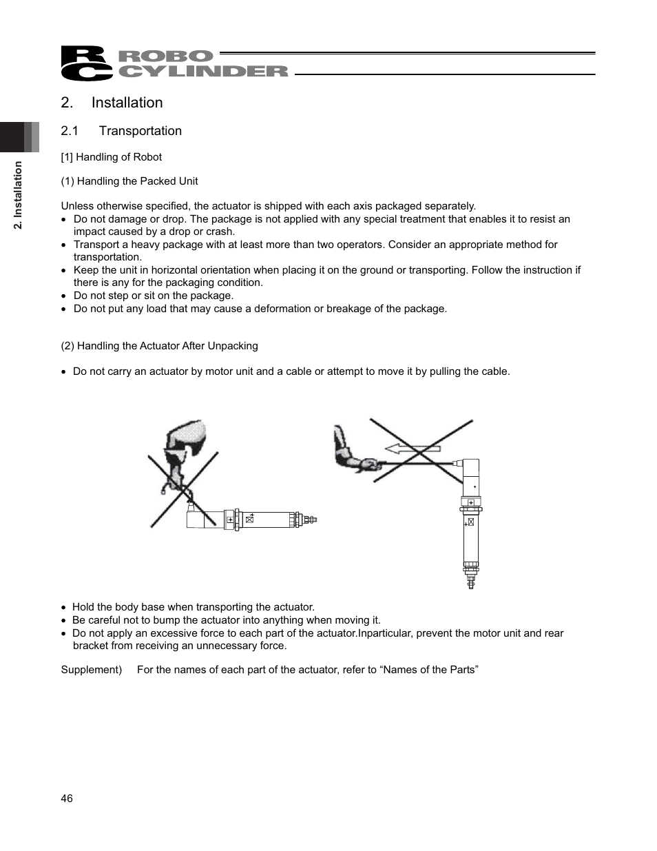 Installation, 1 transportation | IAI America RCS2W User Manual | Page 54 / 142