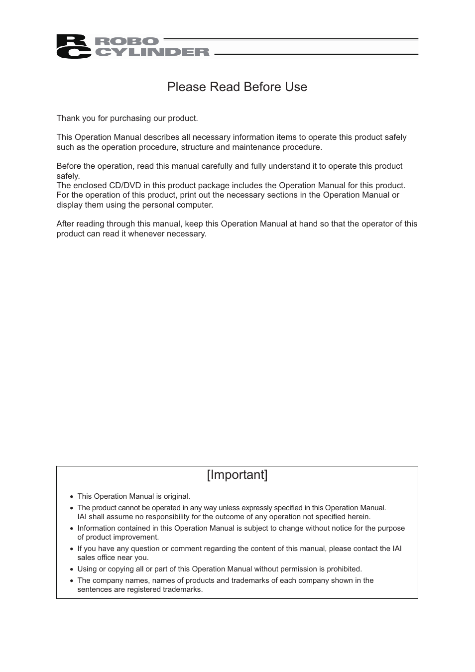 Please read before use, Important | IAI America RCS2-GR8 User Manual | Page 3 / 46