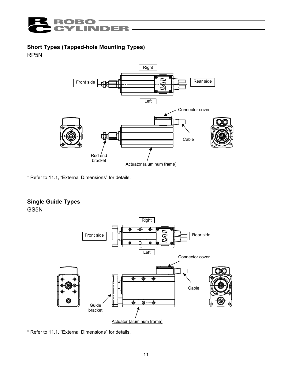 Short types (tapped-hole mounting types) rp5n, Single guide types gs5n | IAI America RCS2-SD5N User Manual | Page 17 / 80