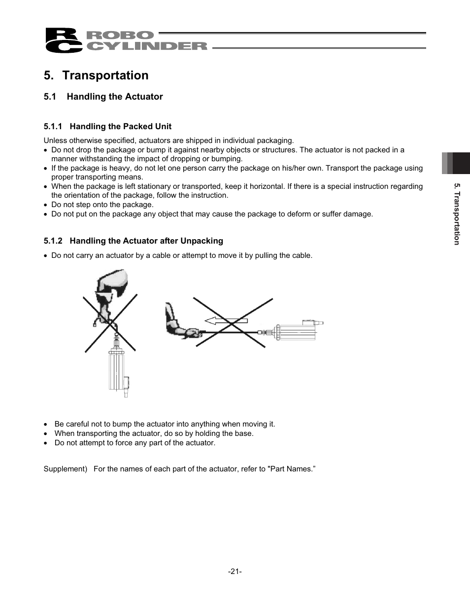 Transportation, 1 handling the actuator | IAI America RCS2-SD5N User Manual | Page 27 / 80