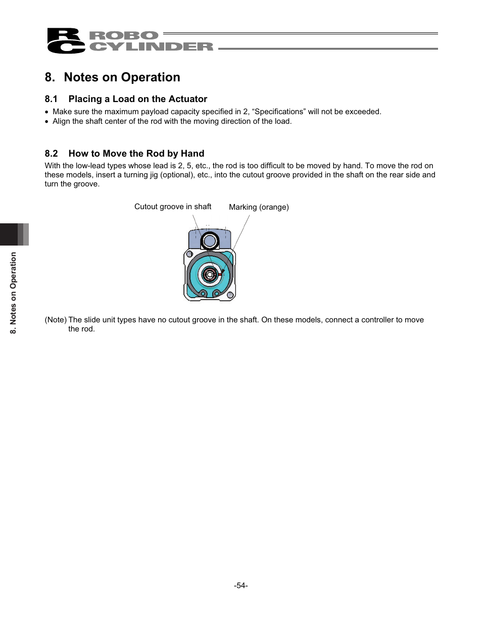 Notes on operation, 1 placing a load on the actuator, 2 how to move the rod by hand | IAI America RCS2-SD5N User Manual | Page 60 / 80