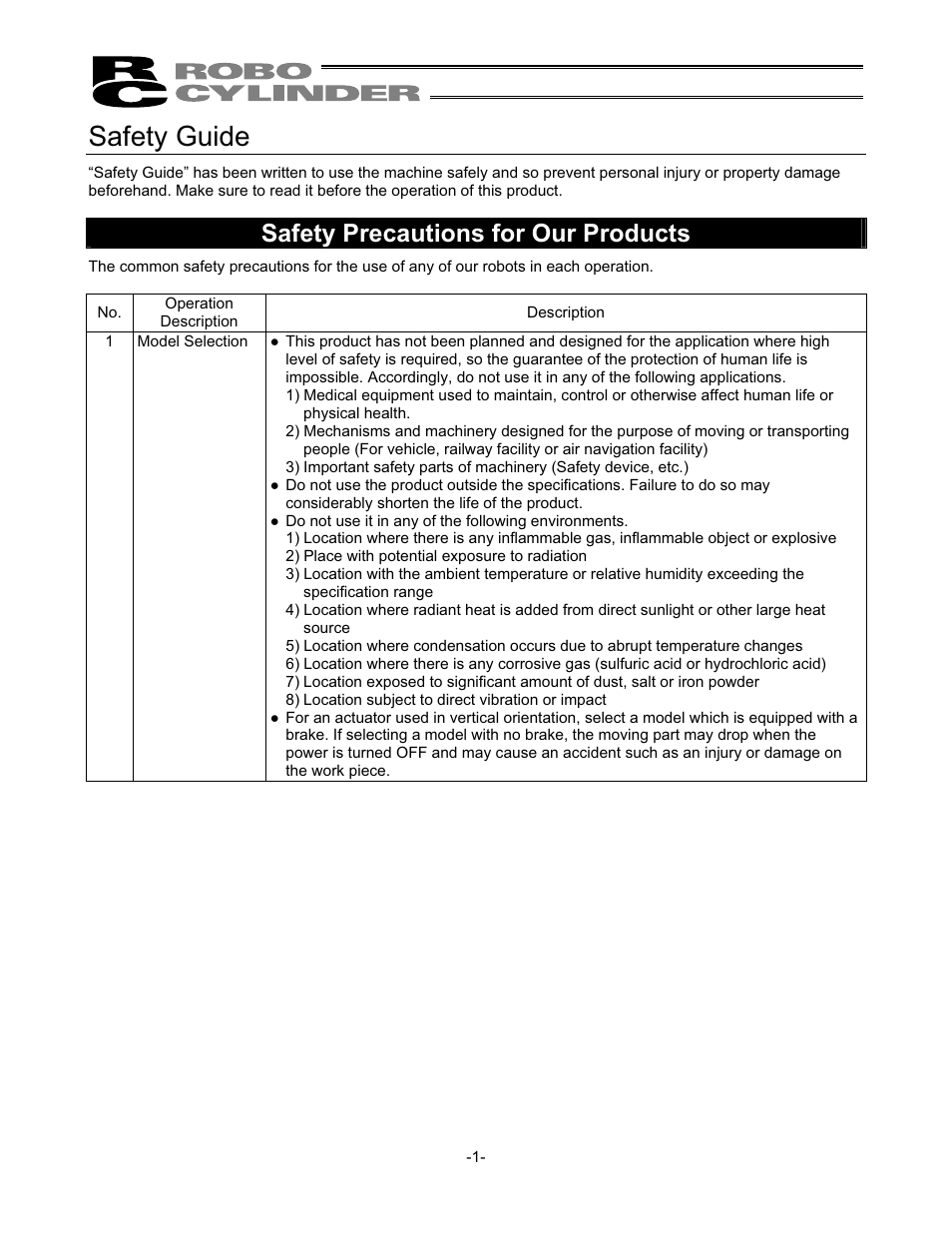 Safety guide, Safety precautions for our products | IAI America RCS2-SD5N User Manual | Page 7 / 80