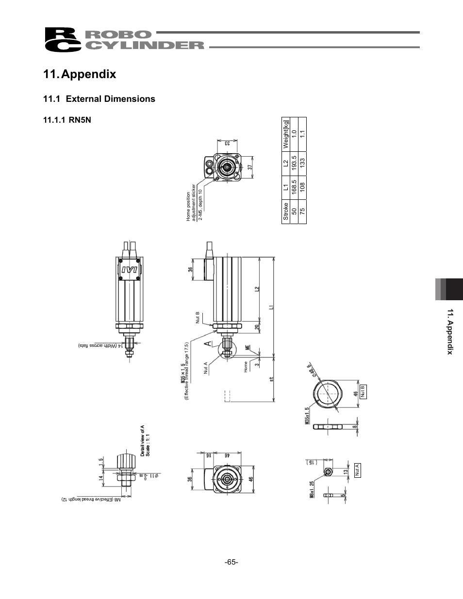 Appendix, 1 external dimensions, 1 rn5n | Appendix -65 | IAI America RCS2-SD5N User Manual | Page 71 / 80